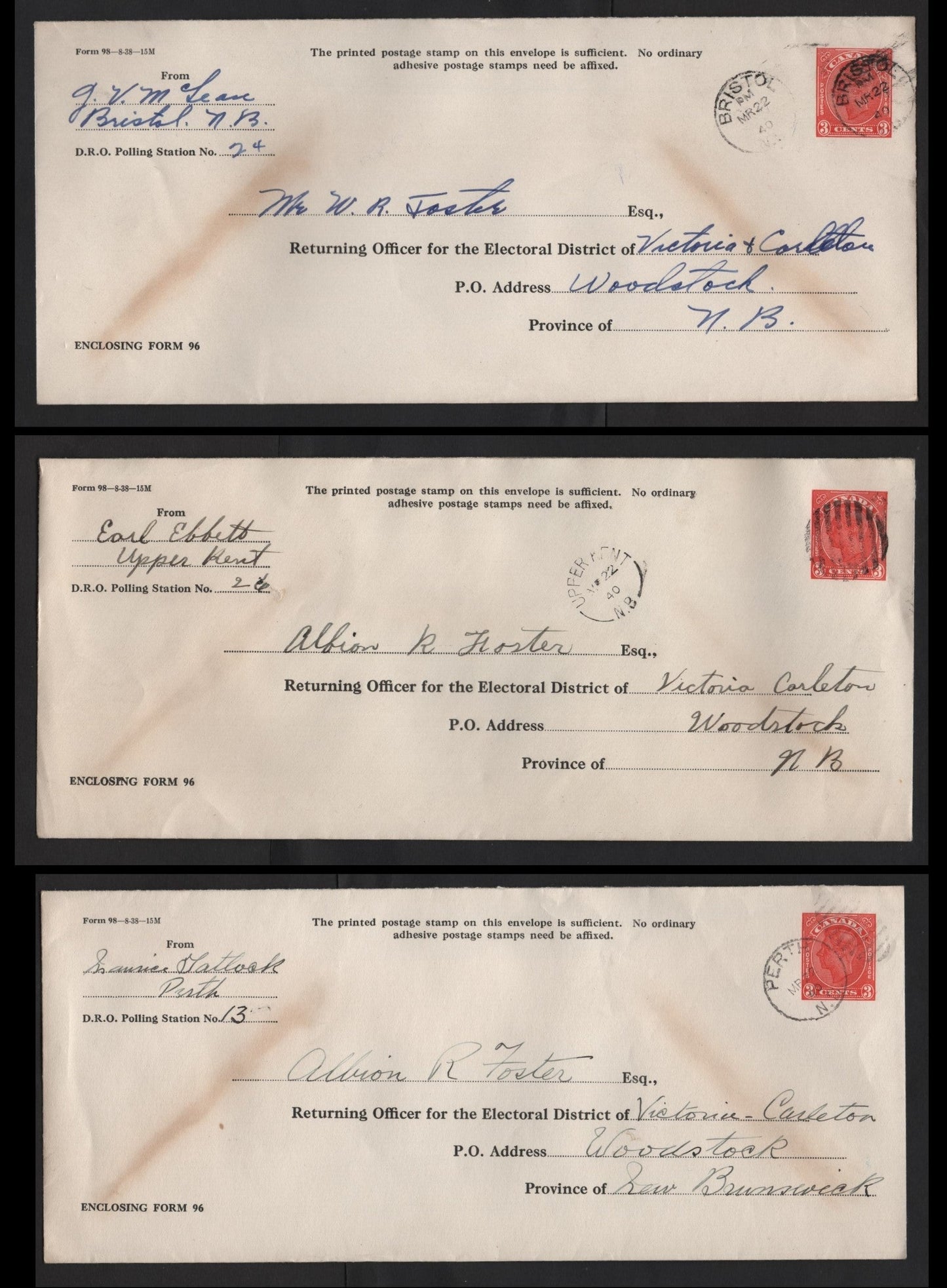 Lot 329 (C) Canada #UE6 3c Red King George V, 1940 Election Issue, 3 Very Fine Used Covers, Sent To Woodstock From Bristol, Perth & Upper Kent (All New Brunswick Towns)