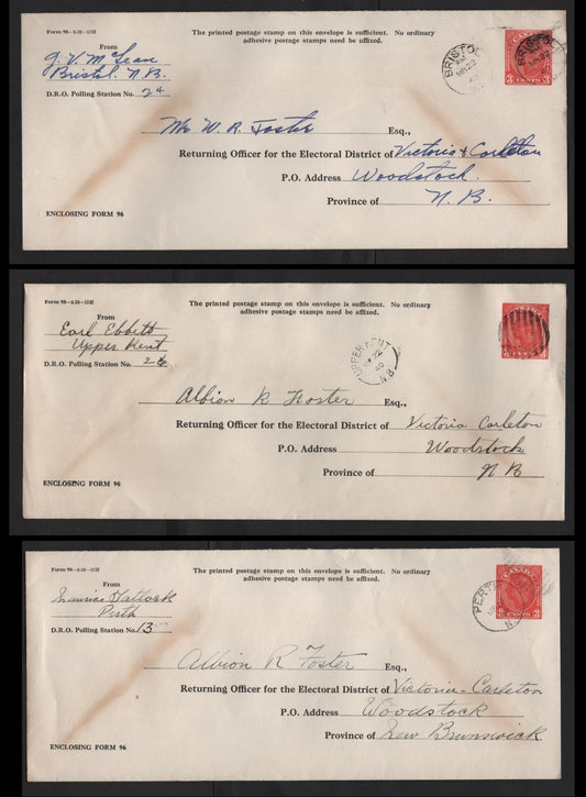 Lot 329 (C) Canada #UE6 3c Red King George V, 1940 Election Issue, 3 Very Fine Used Covers, Sent To Woodstock From Bristol, Perth & Upper Kent (All New Brunswick Towns)