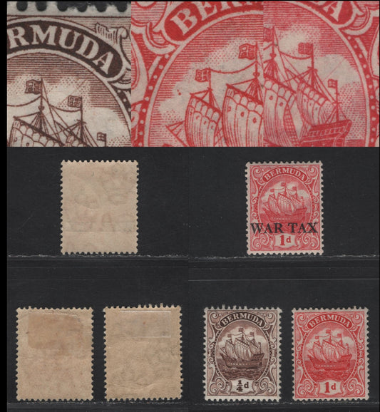 Lot 32 Bermuda SG#44, 46, 56var 1/4d - 1d Deep Brown - Red Caravel, 1910-1925 Caravel Definitives, 3 VFOG Singles, Multiple Crown CA Wmk, Comb Perf 14, Birds By Flag On 1d, Diagonal Plate Cracks On Other Two.