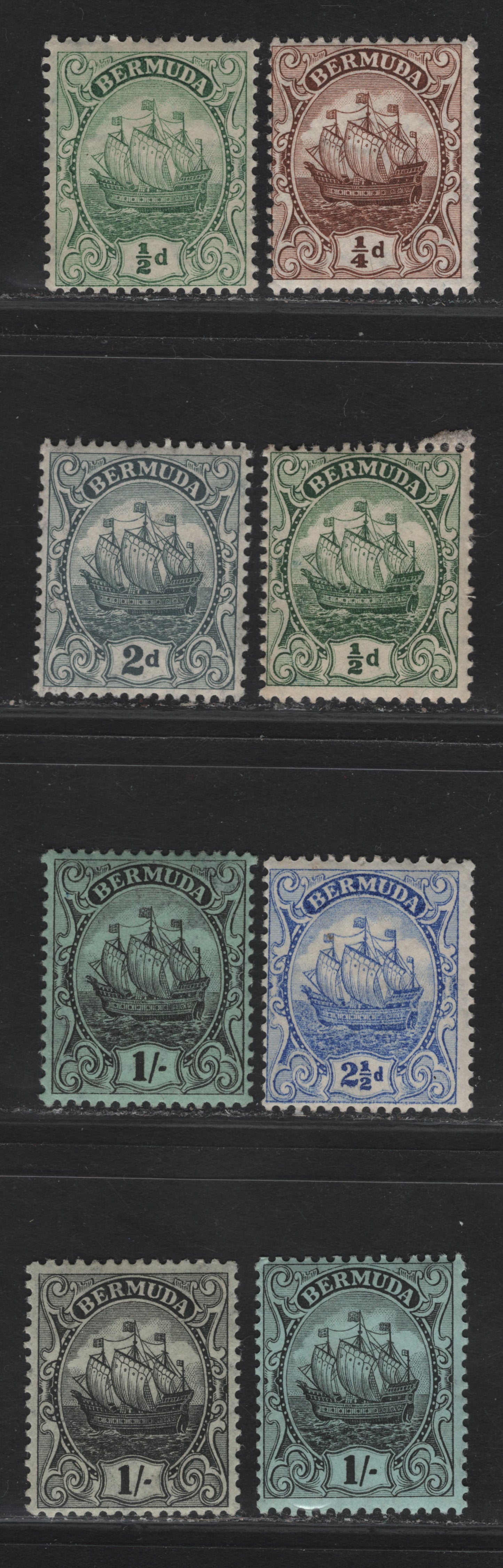 Lot 33 Bermuda SG#44-45a, 47-48, 51-a 1/4d - 1/- Brown - Jet Black on Olive Caravel, 1910-1925 Caravel Definitives, 8 F/VFOG Singles, Multiple Crown CA Wmk, Comb Perf 13.8x14