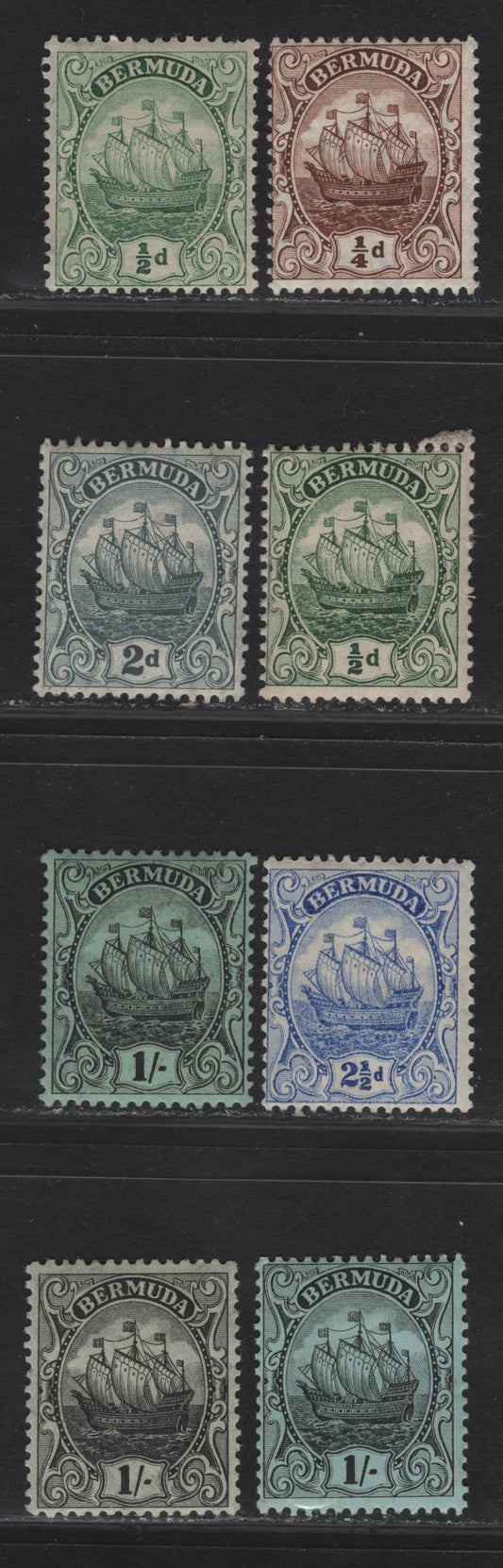 Lot 33 Bermuda SG#44-45a, 47-48, 51-a 1/4d - 1/- Brown - Jet Black on Olive Caravel, 1910-1925 Caravel Definitives, 8 F/VFOG Singles, Multiple Crown CA Wmk, Comb Perf 13.8x14
