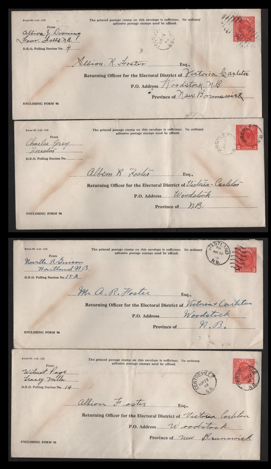Lot 330 (C) Canada #UE6 3c Red King George V, 1940 Election Issue, 4 Fine/Very Fine Used Covers, Sent To Woodstock From Various NB Towns, Centreville Envelope Has Some Light Wrinkles, So Only Fine