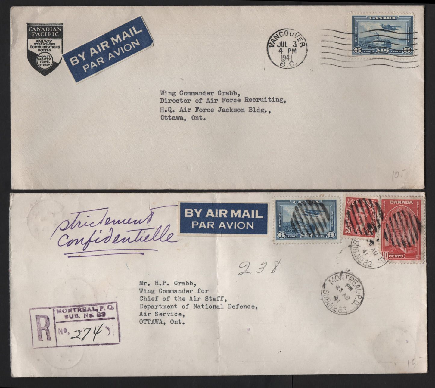 Lot 331 Canada #233, 241, C6 3c - 6c Carmine - Dull Blue King George VI - Airplane, 1937-1941 KGVI Mufti - Airmail Issues, 2 Fine Used Covers, Domestic 1941 Airmail Cover To Ottawa, Domestic Registered Airmail to Ottawa, Both With Interesting Markings.