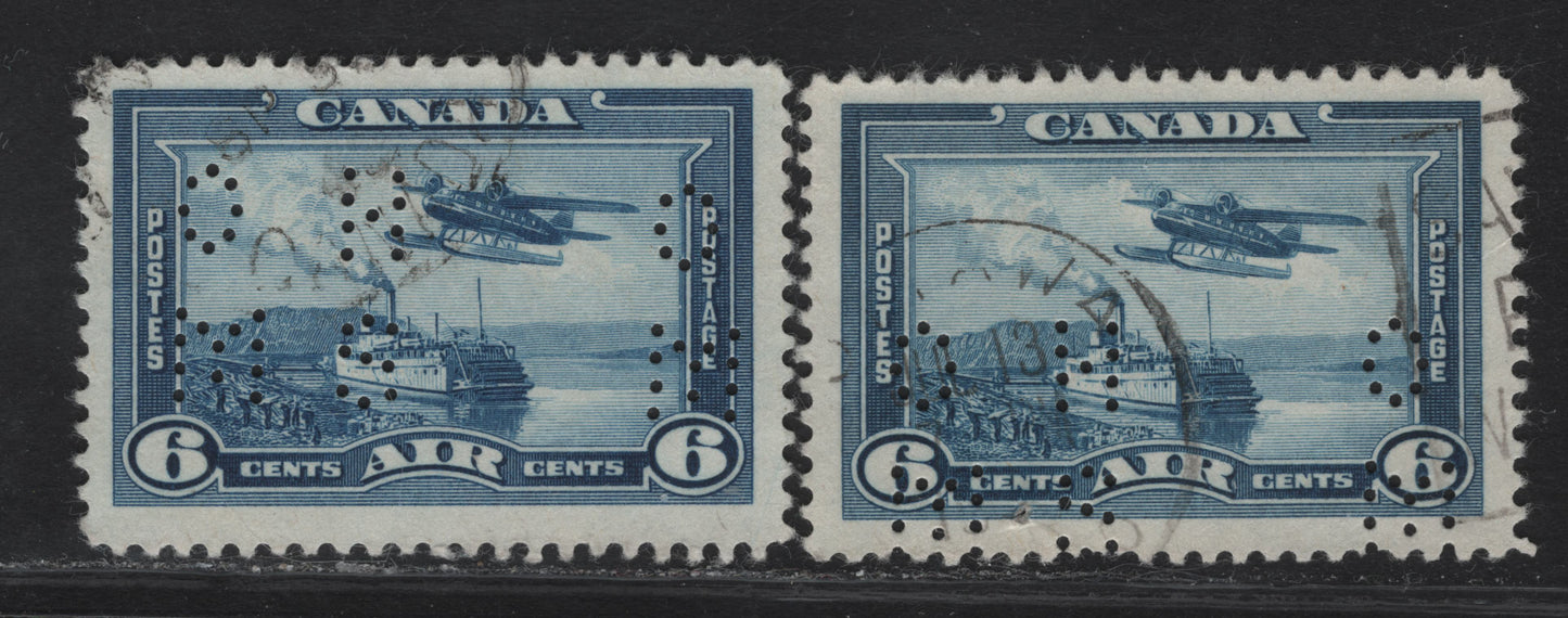 Lot 334 Canada #O9-C6 6c Blue & Dull Blue Monoplane, 1938 Airmail Issue, 2 Very Fine Used Singles, Papers CBN-N & CBN-P, Perfs 12 & 12x11.9, Both With 4-Hole OHMS From Pos. 1.