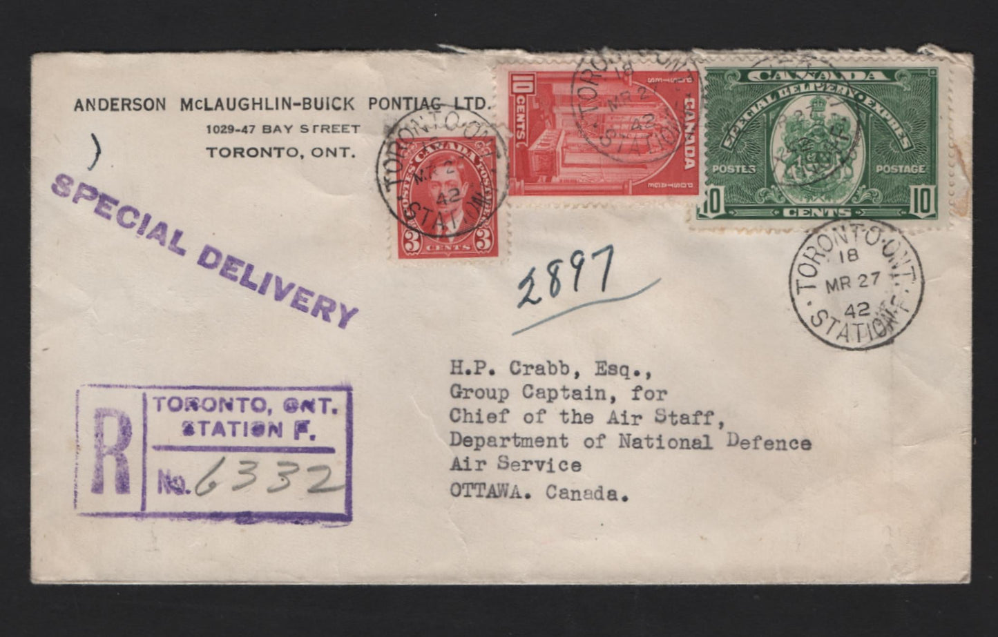 Lot 335 Canada #E7, 233, 241 3c - 10c Carmine - Dark Green King George V - Emblem, 1937-1939 Mufti - Special Delivery Issues, A Very Fine Used Cover, Combination Usage On Domestic 1942 Registered Special Delivery Cover, Unusual Rate Combination