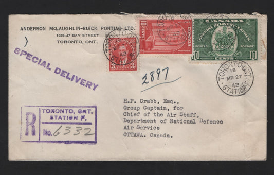 Lot 335 Canada #E7, 233, 241 3c - 10c Carmine - Dark Green King George V - Emblem, 1937-1939 Mufti - Special Delivery Issues, A Very Fine Used Cover, Combination Usage On Domestic 1942 Registered Special Delivery Cover, Unusual Rate Combination