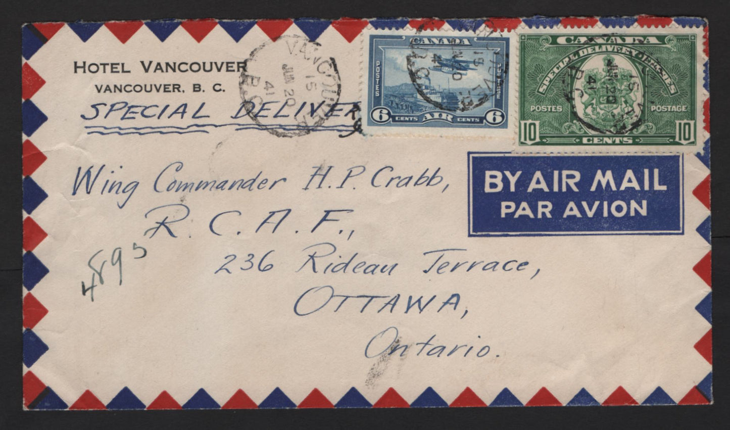 Lot 336 Canada #C6, E7 6c - 10c Blue - Green Monoplane - Emblem, 1937-1938 Special Delivery - Airmail Issues, A Very Fine Used Cover, Combination Usage on 1941 Airmail Special Delivery Cover to Ottawa