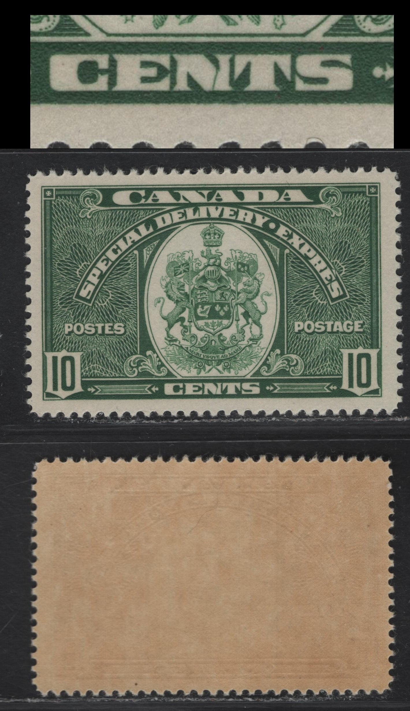 Lot 337 (C) Canada #E7var 10c Green Emblem, 1939 Special Delivery Issue, A VFOG Single, Paper CBN-II, Perf 11.9x11.95, Cracked 'N' in Cents, Plate Flaws On This Issue Are Very Uncommon.
