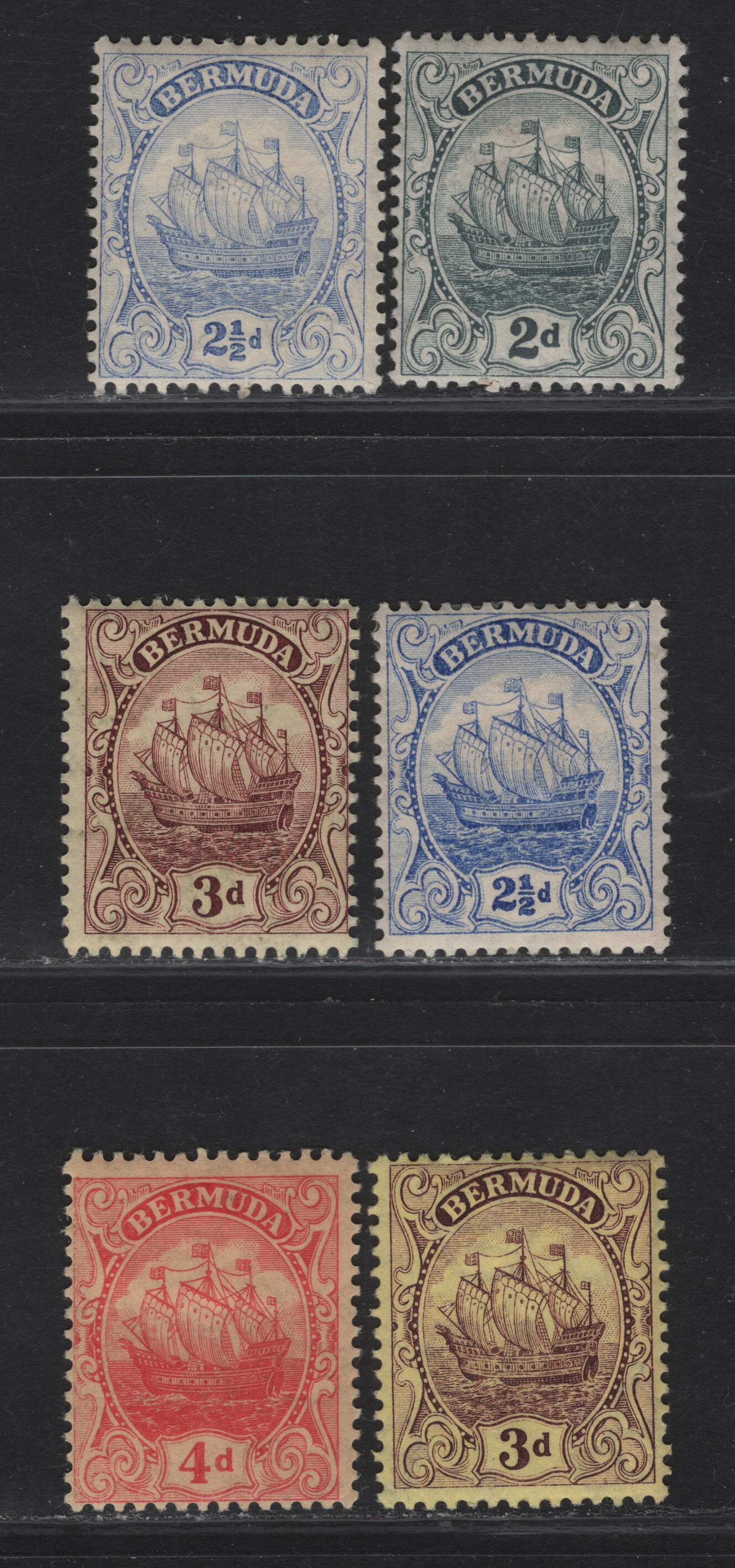Lot 34 Bermuda SG#47-49a 2d - 4d Gray - Red Caravel, 1910-1925 Caravel Definitives, 6 FOG Singles, Multiple Crown CA Wmk, Comb Perf 14