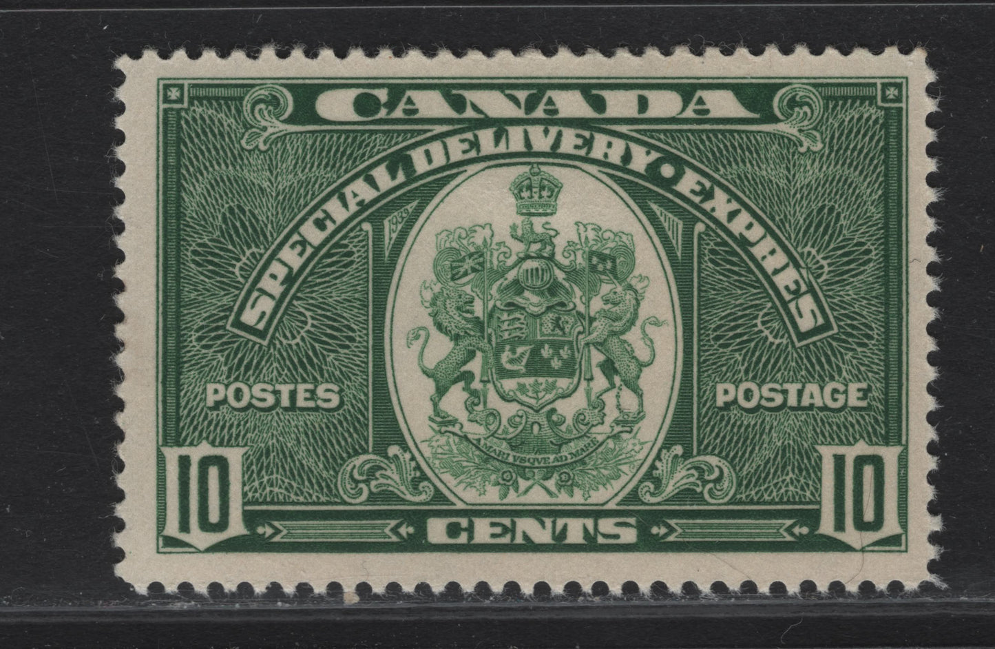 Lot 342 Canada #E7 10c Deep Green Emblem, 1939 Special Delivery Issue, A FOG Single, Paper/Gum CBN-KK, Perf 11.95x11.85