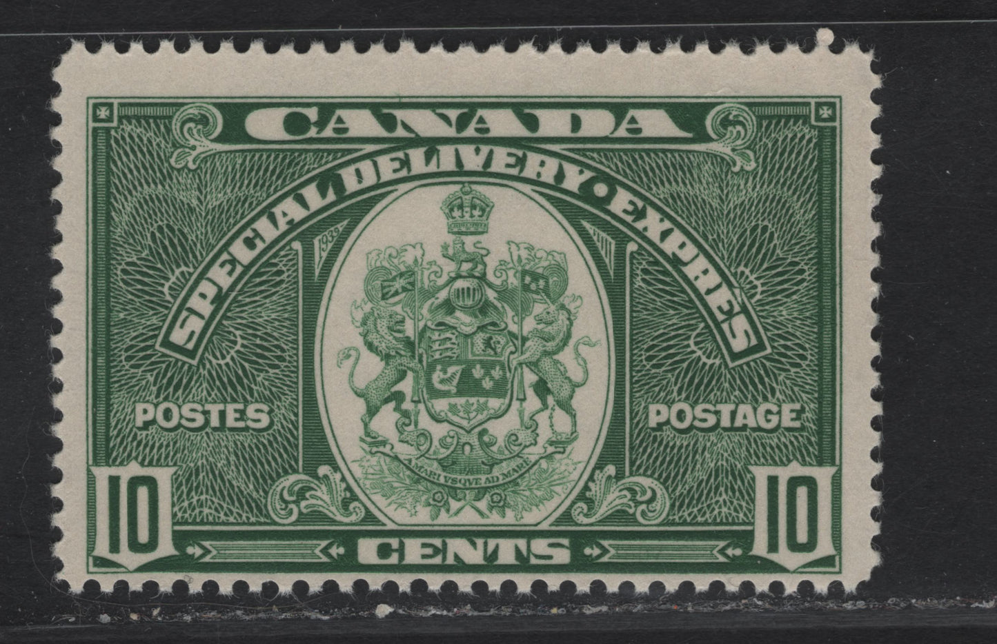 Lot 343 (C) Canada #E7var 10c Deep Dull Green Emblem, 1939 Special Delivery Issue, A FNH Single, Paper/Gum CBN-LL, Perf 11.95