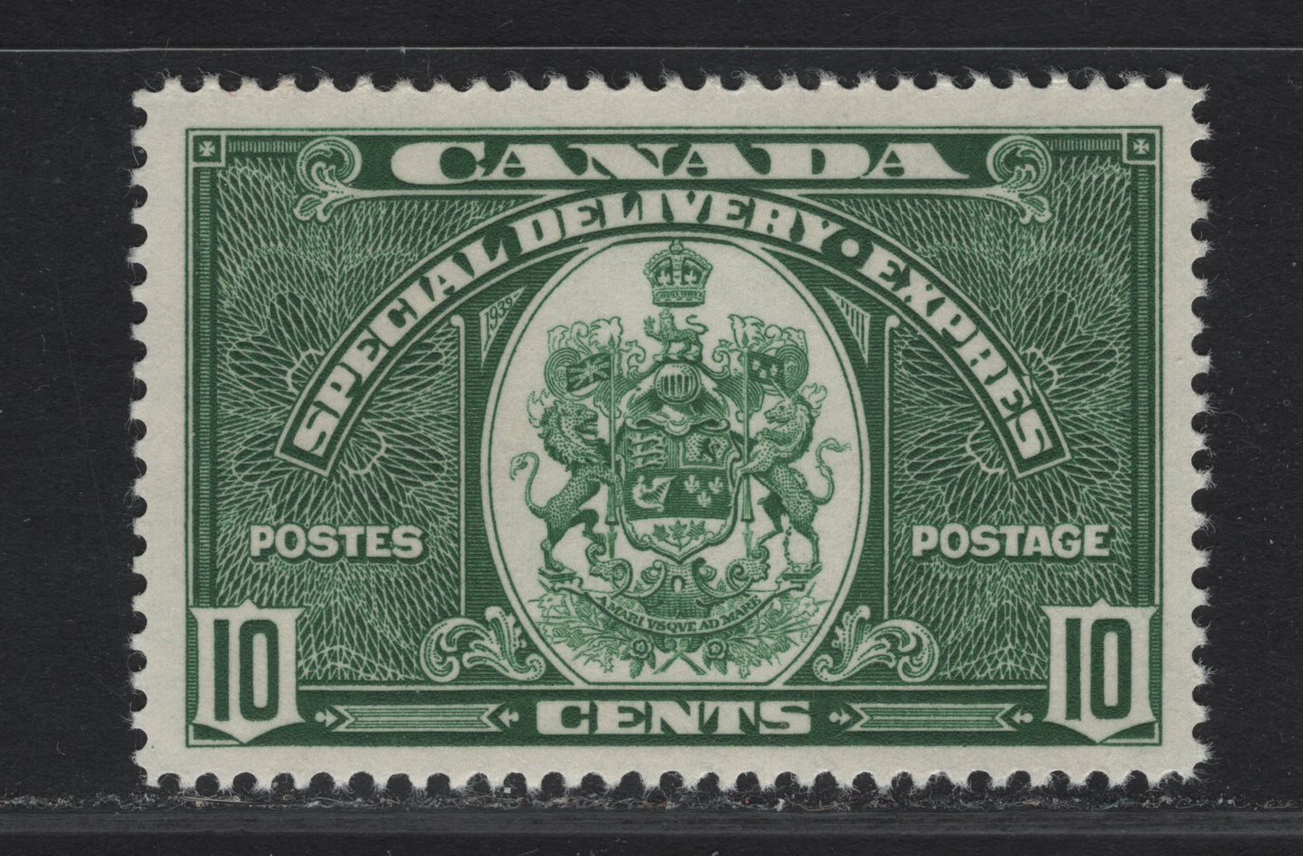 Lot 345 Canada #E7 10c Deep Bright Green Emblem, 1939 Special Delivery Issue, A VFOG Single, Paper/Gum CBN-LL, Perf 11.9