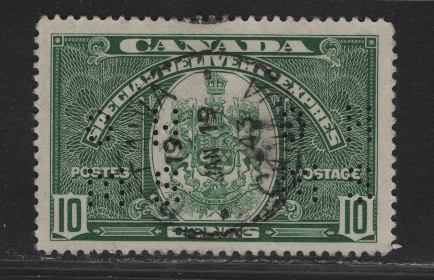 Lot 349 Canada #O9-E7 10c Deep Green Emblem, 1939 Special Delivery Issue, A Very Fine Used Single, Paper/Gum CBN-AA, Perf 12x11.95, 4-Hole OHMS Pos. 1.