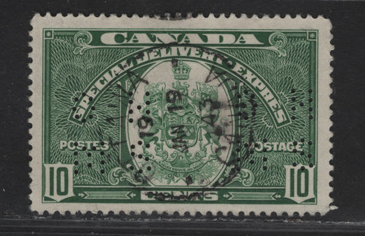 Lot 349 Canada #O9-E7 10c Deep Green Emblem, 1939 Special Delivery Issue, A Very Fine Used Single, Paper/Gum CBN-AA, Perf 12x11.95, 4-Hole OHMS Pos. 1.
