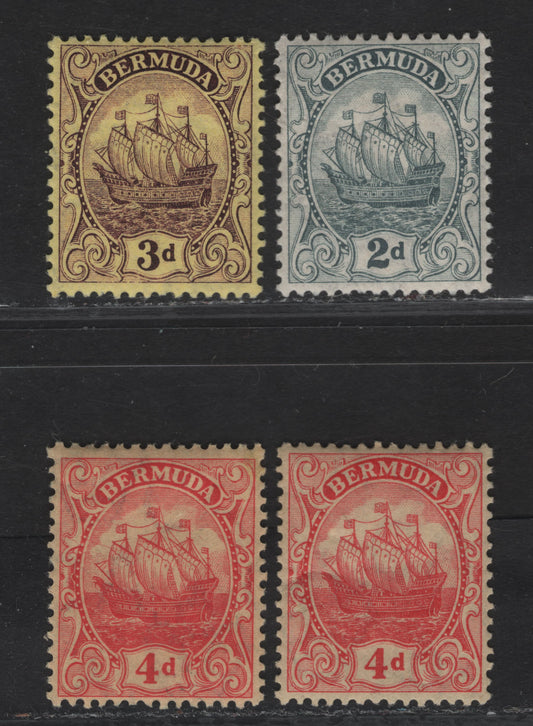 Lot 35 Bermuda SG#47, 49-a 2d - 4d Gray - Deep Red on Yellow Caravel, 1910-1925 Caravel Definitives, 4 VFOG Singles, Multiple Crown CA Wmk, Comb Perf 14