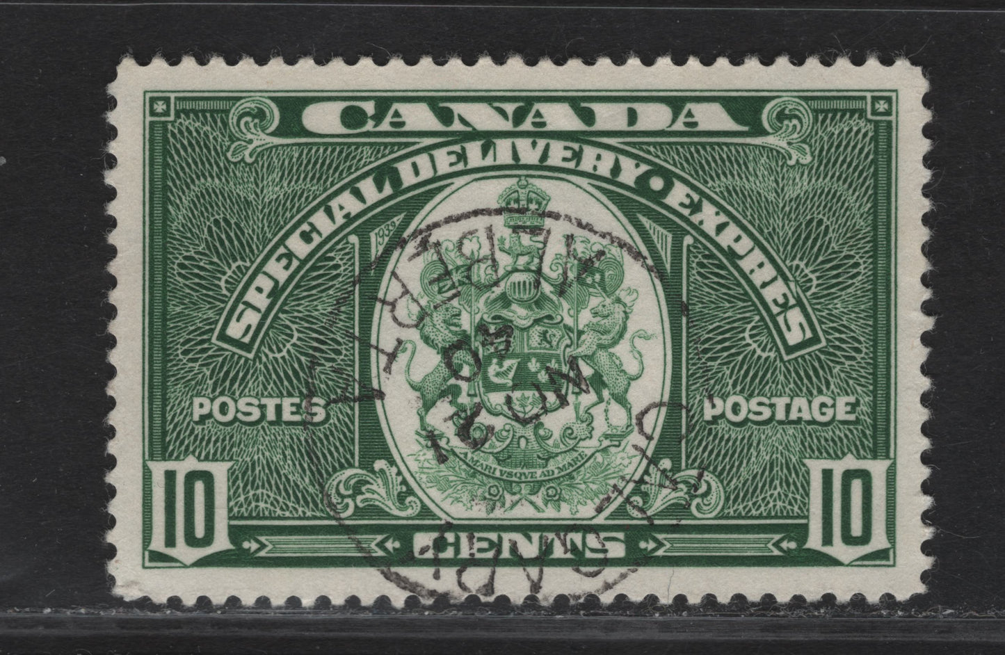 Lot 351 Canada #E7 10c Deep Green Emblem, 1939 Special Delivery Issue, A Very Fine Used Single, Paper/Gum CBN-II, Perf 12x11.9, November 21, 1940 Calgary Cancel.