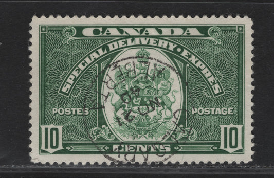 Lot 351 Canada #E7 10c Deep Green Emblem, 1939 Special Delivery Issue, A Very Fine Used Single, Paper/Gum CBN-II, Perf 12x11.9, November 21, 1940 Calgary Cancel.