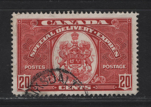 Lot 357 Canada #E8 20c Carmine Emblem, 1939 Special Delivery Issue, A Fine Used Single, Paper/Gum CBN-NN, Perf 11.9, Tiny Wrinkle At Top.