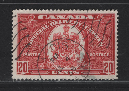 Lot 360 Canada #E8 20c Carmine Emblem, 1939 Special Delivery Issue, A Fine Used Single, Paper/Gum CBN-JJ, Perf 12, July 4th 1938 Landis Sask Cancel.