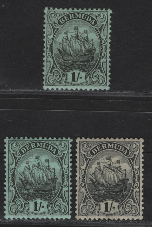Lot 37 Bermuda SG#51-a 1/- Black on BlueG Green - Black on Olive Caravel, 1910-1925 Caravel Definitives, 2 VFOG Singles, Comb Perf 13.8x14