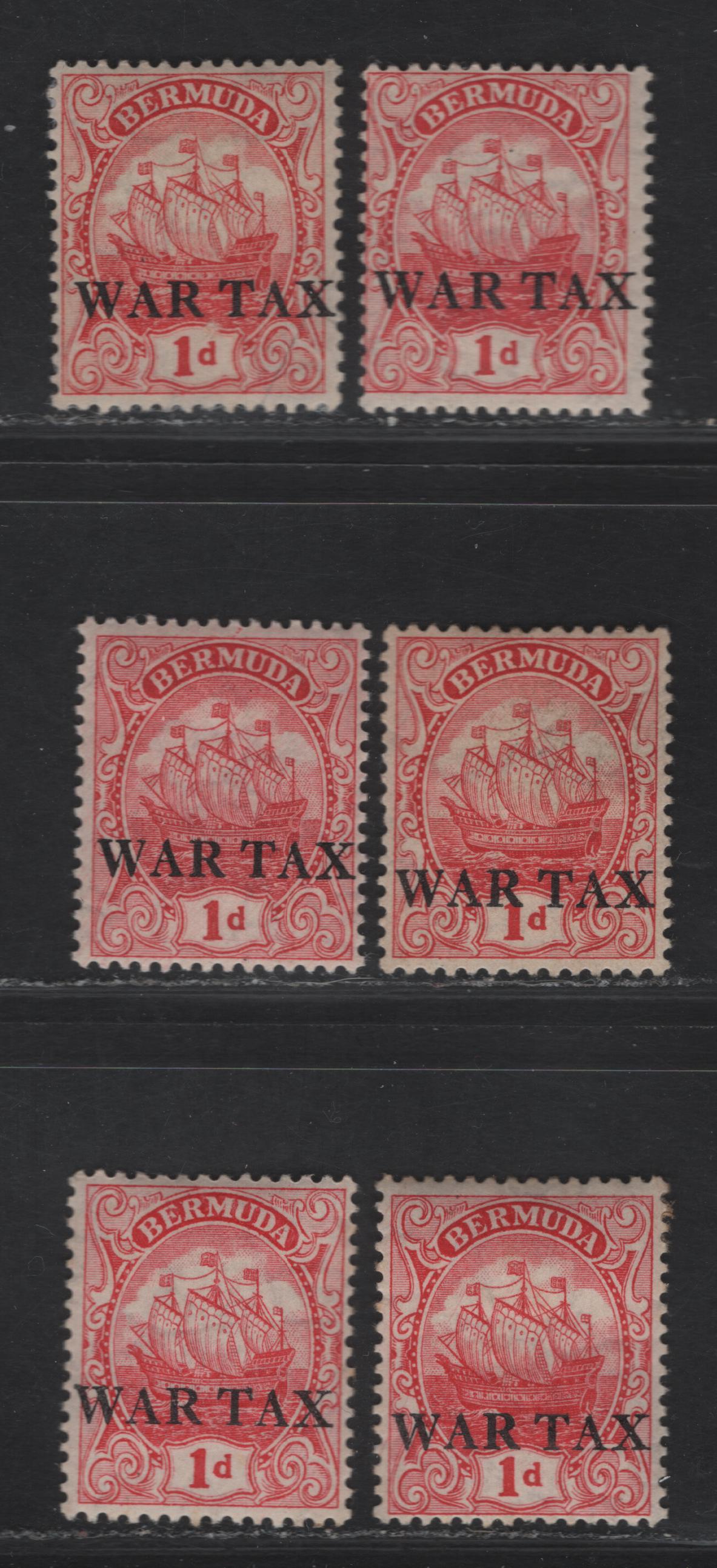 Lot 38 Bermuda SG#56-a 1d Red - Rose Red Caravel, 1910-1925 Caravel Definitives, 6 F/VFOG Singles, Perfs 14, 13.8x14, Different Shades