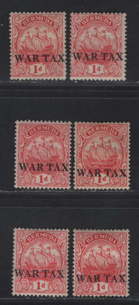 Lot 38 Bermuda SG#56-a 1d Red - Rose Red Caravel, 1910-1925 Caravel Definitives, 6 F/VFOG Singles, Perfs 14, 13.8x14, Different Shades