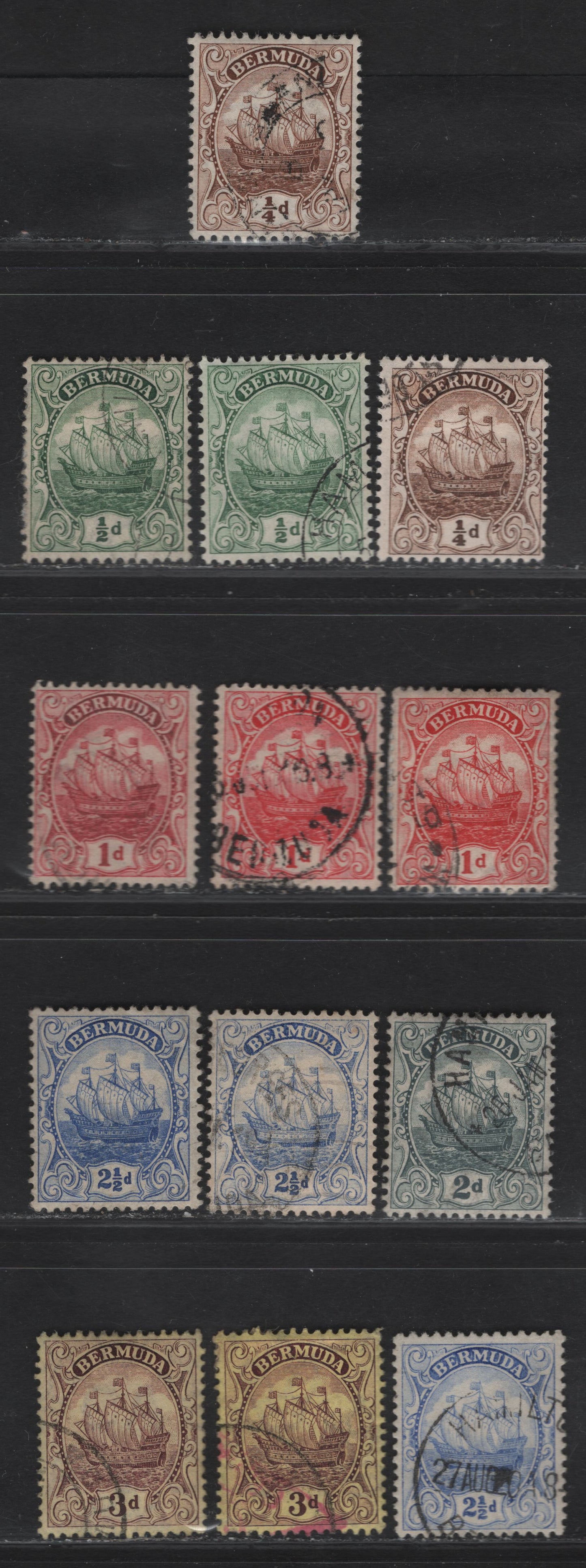 Lot 39 (C) Bermuda SG#44-a, 45-a, 46-46b, 47-49 1/4d - 3d Brown & Deep brown - Reddish Purple on Pale Yellow Caravel, 1910-1925 Caravel Definitives, 13 Fine/Very Fine Used Singles, Multiple Crown CA Wmk, Comb Perf 14