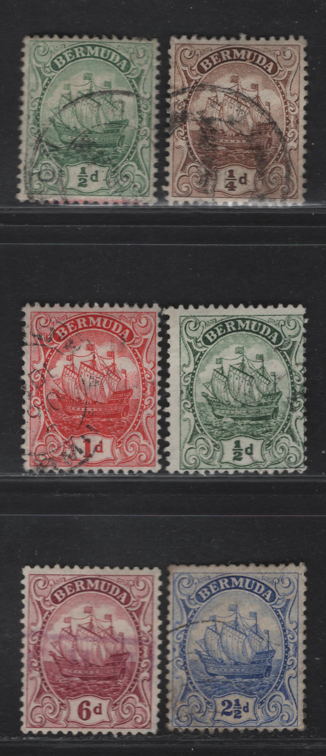 Lot 40 Bermuda SG#44-45a, 46, 48, 50 1/4d - 6d Brown - Purple Caravel, 1910-1925 Caravel Definitives, 6 Fine/Very Fine Used Singles, Multiple Crown CA Wmk, Comb Perf 13.8x14