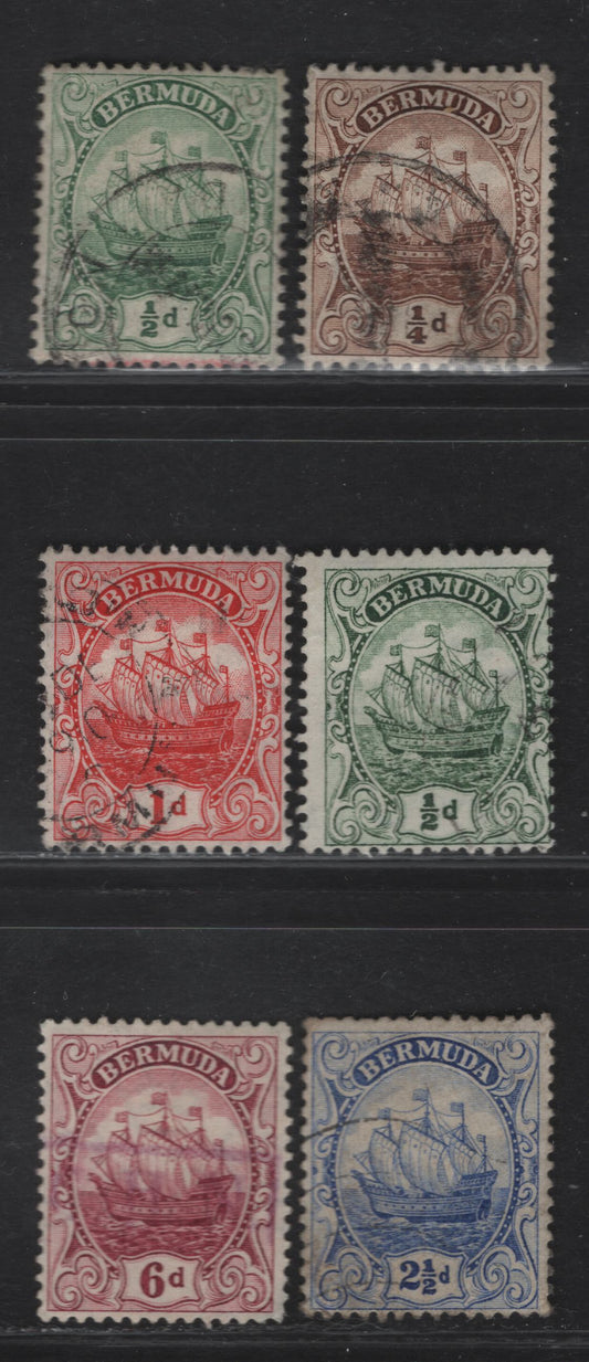 Lot 40 Bermuda SG#44-45a, 46, 48, 50 1/4d - 6d Brown - Purple Caravel, 1910-1925 Caravel Definitives, 6 Fine/Very Fine Used Singles, Multiple Crown CA Wmk, Comb Perf 13.8x14