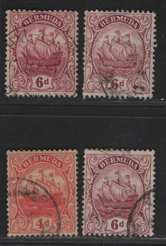 Lot 41 (C) Bermuda SG#49a, 50-a 4d - 6d Red on Yellow - Pale Claret Caravel, 1910-1925 Caravel Definitives, 4 Fine/Very Fine Used Singles, Multiple Crown CA Wmk, Perf 14