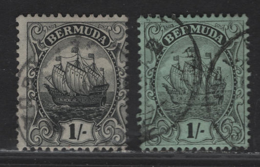 Lot 42 (C) Bermuda SG#51-a 1/- Black on Green - Jet Black on Olive Caravel, 1910-1925 Caravel Definitives, 2 Very Good/Very Fine Used Singles, Multiple Crown CA Wmk, Comb Perf 14
