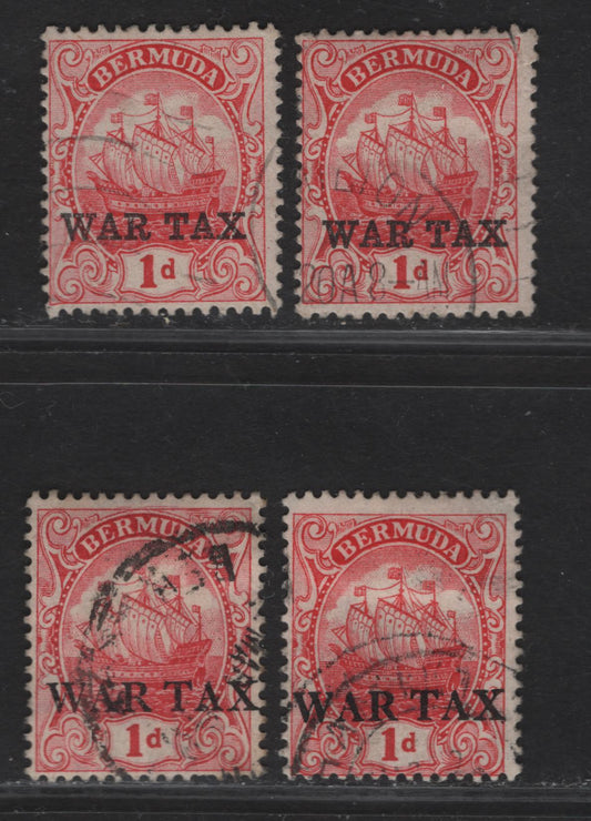 Lot 43 (C) Bermuda SG#56-a, 58 1d Rose Red Caravel, 1918-1920 War Tax Overprinted Issue, 4 Fine Used Singles, Perfs 14 & 13.8x14, Both Perfs For Both Overprint Types