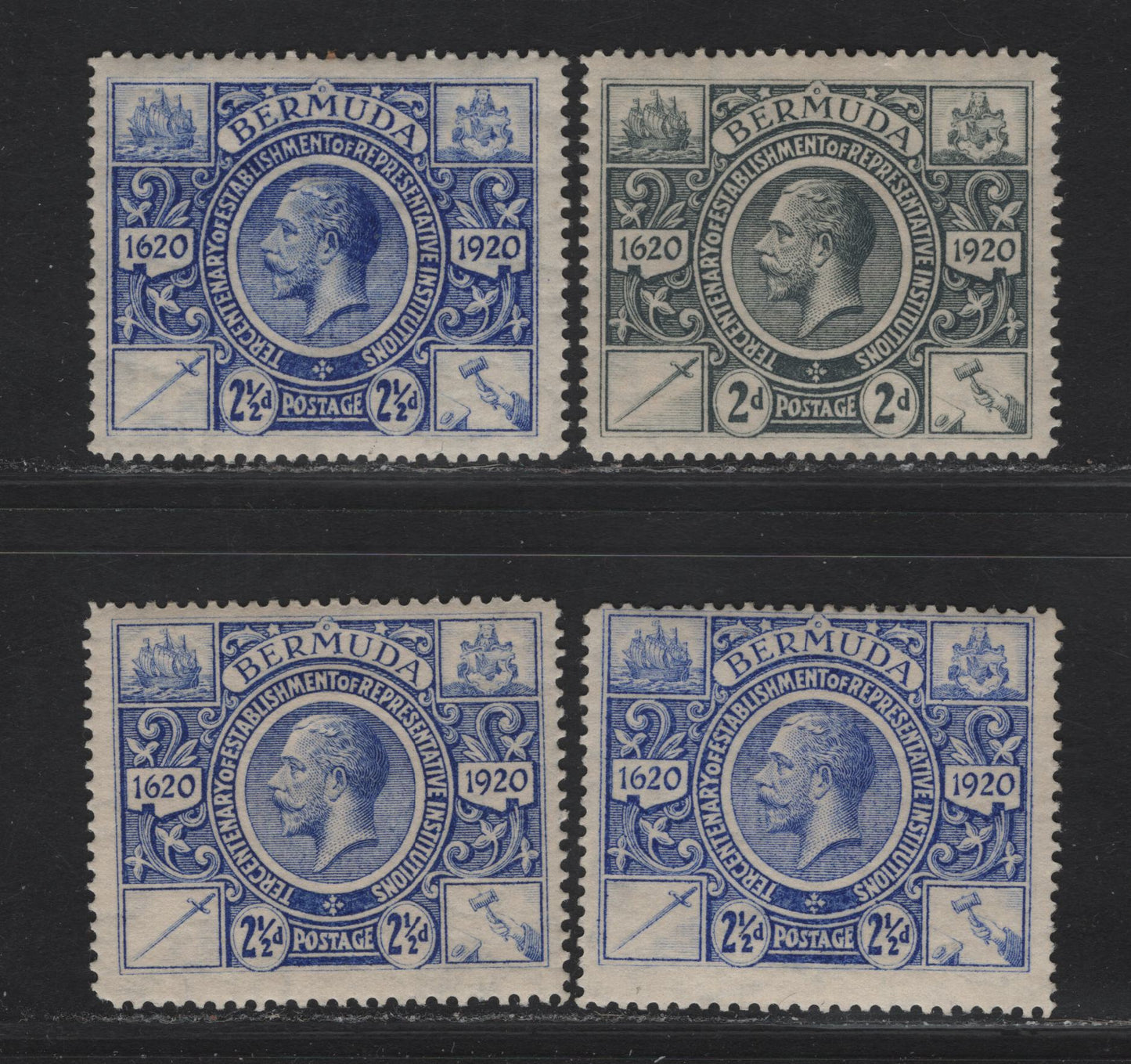Lot 44 Bermuda SG#68-69 2d - 2.5d Slate Gray - Bright Ultramarine King George V, 1921 Tercentenary of Representative Institutions Issue, 4 F/VFOG Singles