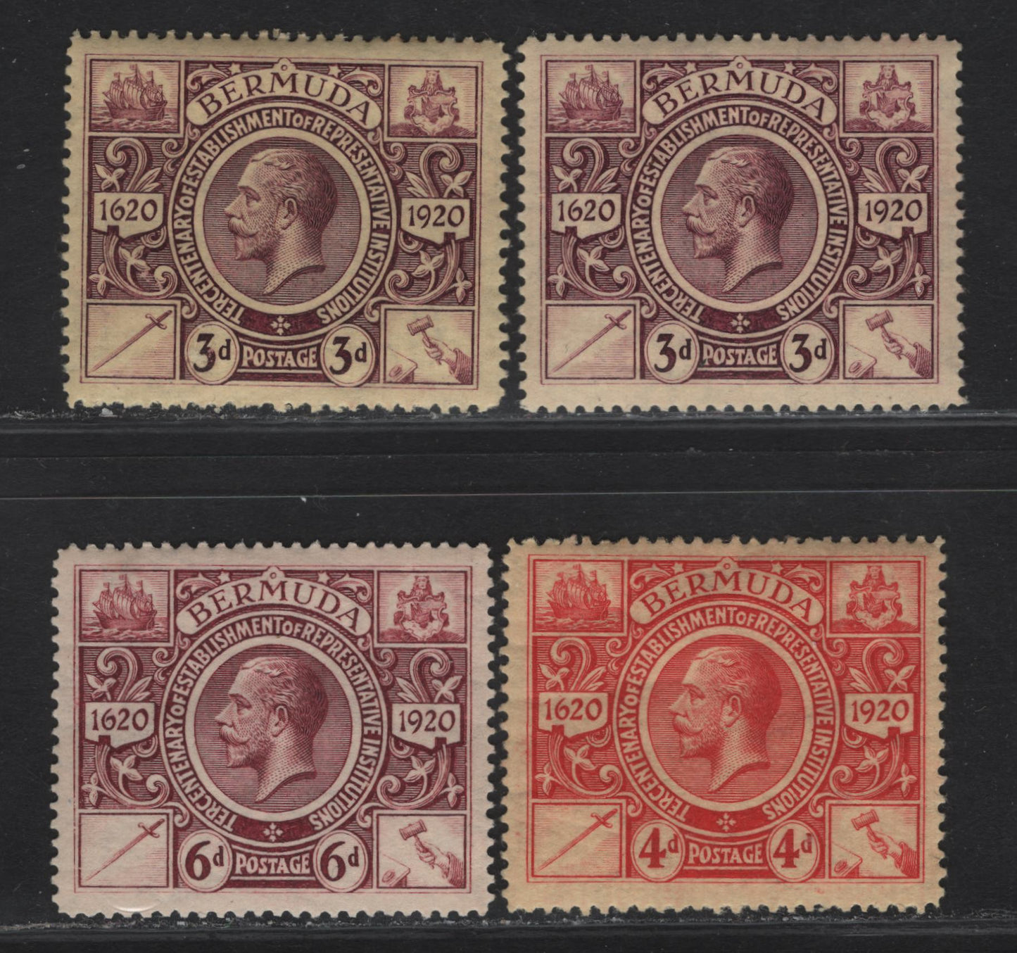 Lot 45 Bermuda SG#70-72 3d - 6d Purple on Yellow - Purple King George V, 1921 Tercentenary of Representative Institutions Issue, 4 F/VFOG Singles