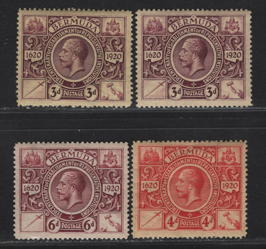 Lot 45 Bermuda SG#70-72 3d - 6d Purple on Yellow - Purple King George V, 1921 Tercentenary of Representative Institutions Issue, 4 F/VFOG Singles