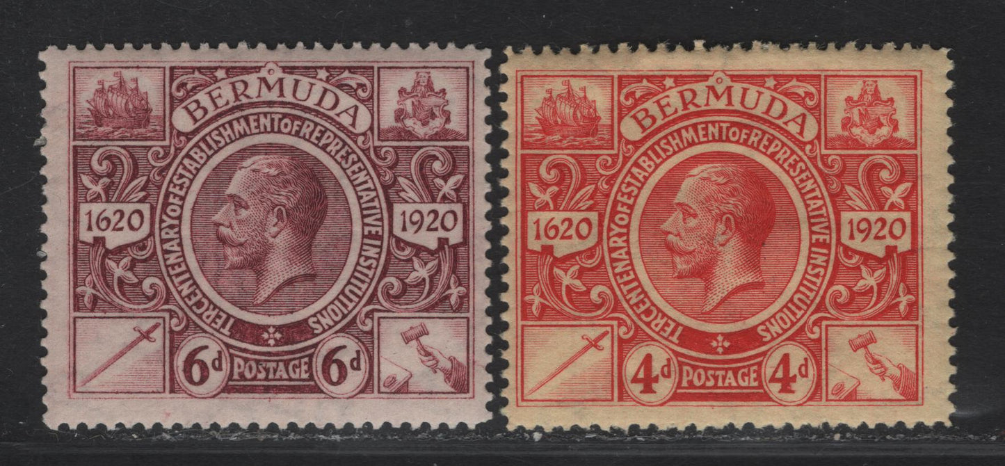 Lot 46 Bermuda SG#71-72 4d - 6d Red on Yellow - Purple King George V, 1921 Tercentenary of Representative Institutions Issue, 2 FOG Singles