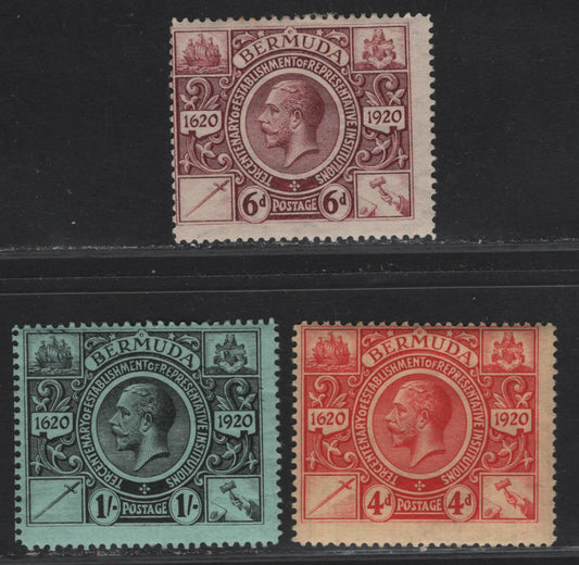 Lot 47 Bermuda SG#71-73 4d - 1/- Red on Yellow - Black on Green King George V, 1921 Tercentenary of Representative Institutions Issue, 3 FOG Singles