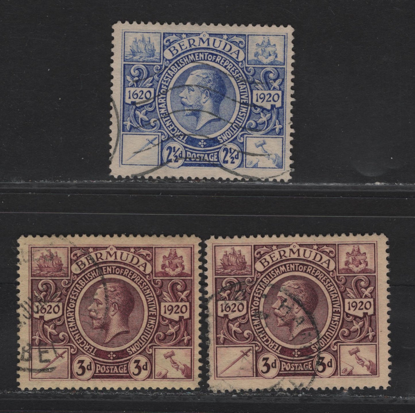 Lot 48 (C) Bermuda SG#69-70 2.5d - 3d Bright Ultramarine -Purple on Yellow King George V, 1921 Tercentenary of Representative Institutions Issue, 3 Fine Used Singles