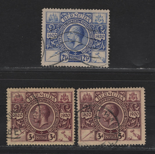 Lot 48 (C) Bermuda SG#69-70 2.5d - 3d Bright Ultramarine -Purple on Yellow King George V, 1921 Tercentenary of Representative Institutions Issue, 3 Fine Used Singles