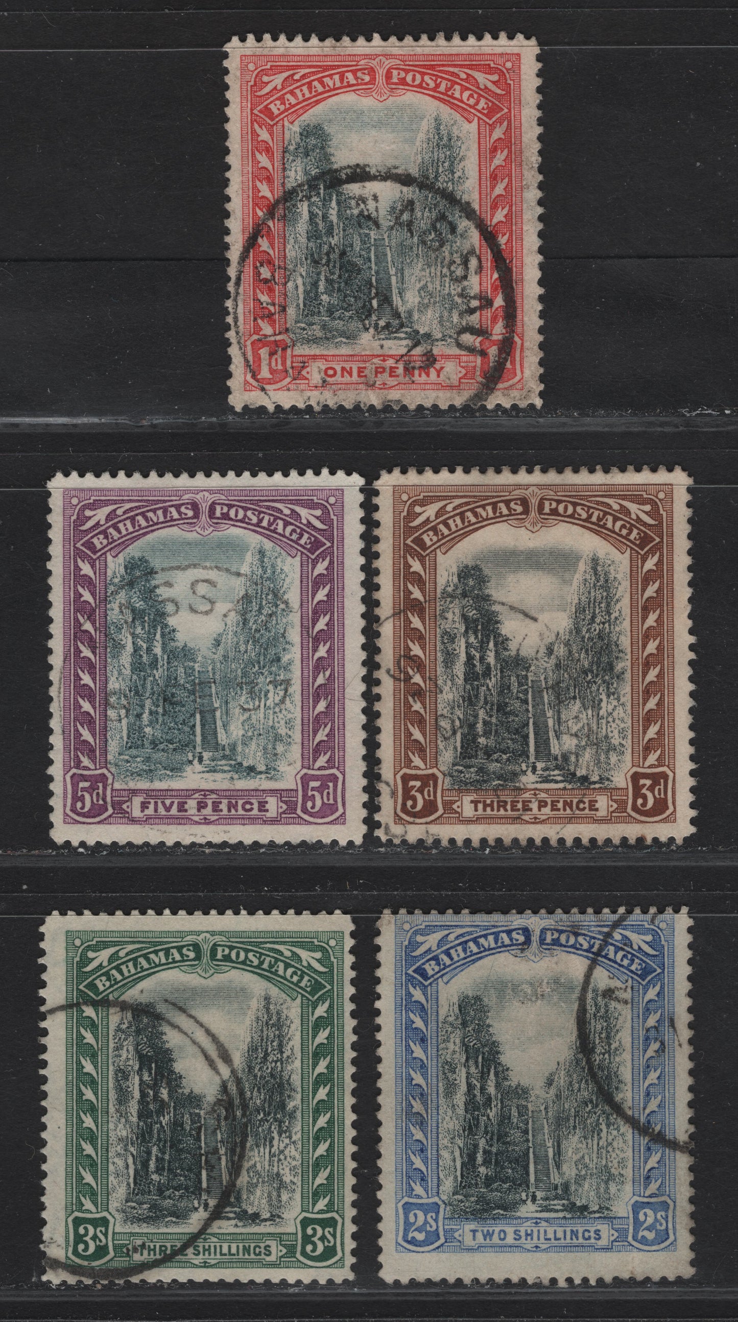 Lot 5 (C)  Bahamas #75b, 77, 78, 79, 80 1d Grey Black & Carmine Red - 3/- Black & Green, 1911-1919 Queens Staircase Definitives, Wmk Multiple Crown CA Issue, 5 F & VF Used Singles