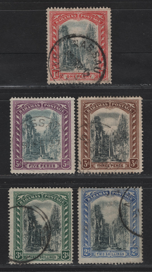 Lot 5 (C)  Bahamas #75b, 77, 78, 79, 80 1d Grey Black & Carmine Red - 3/- Black & Green, 1911-1919 Queens Staircase Definitives, Wmk Multiple Crown CA Issue, 5 F & VF Used Singles