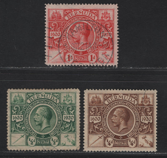 Lot 51 Bermuda SG#74-76 1/4d -1d Brown - Carmine King George V, 1921 Tercentenary of Representative Institutions Issue, 3 Fine/Very Fine Used Singles