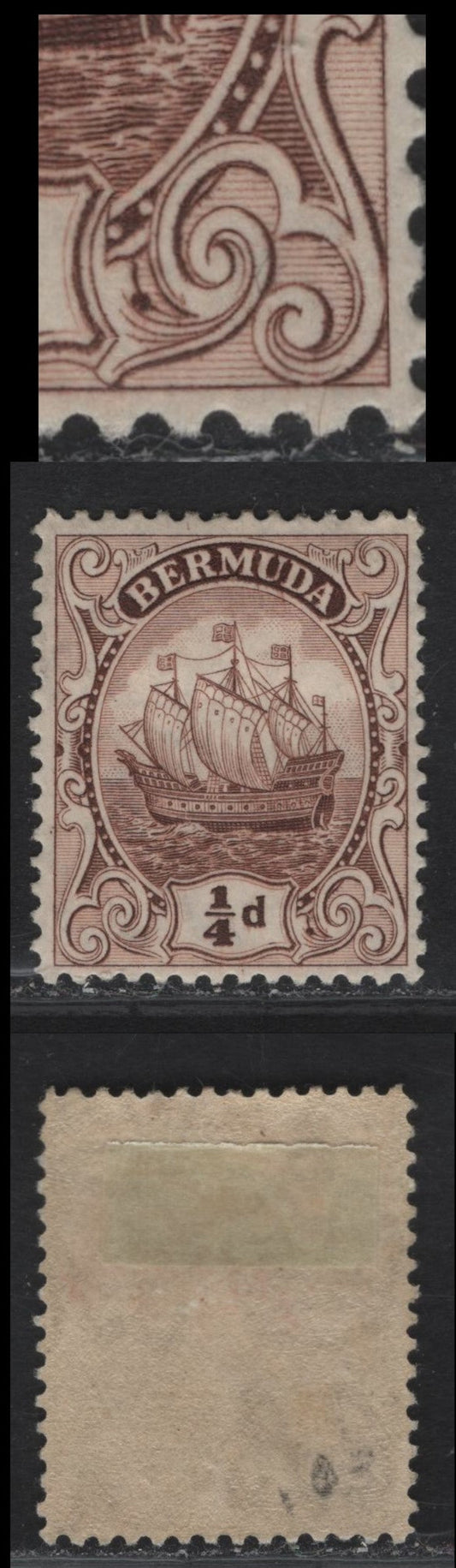 Lot 52 Bermuda SG#77var 1/4d Brown Caravel, 1922-1934 Caravel Issue, A VFOG Single, Large Flaw On Lower Scroll, Unlisted In Gibbons, Line Perf 13.75.