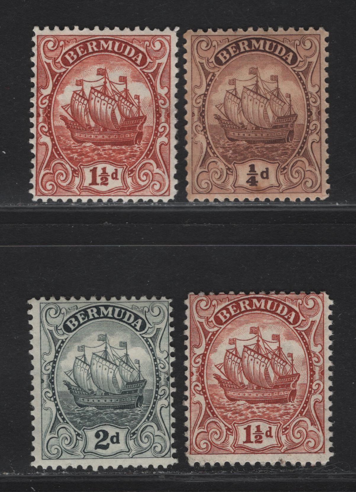 Lot 53 Bermuda SG#77, 79b, 80 1/4d - 32d Deep Brown - Gray Caravel, 1922-1934 Caravel Issue, 4 VFOG/NH Singles, Script CA Wmk, Perf 13.75, 1/4d is NH.