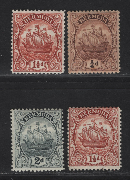 Lot 53 Bermuda SG#77, 79b, 80 1/4d - 32d Deep Brown - Gray Caravel, 1922-1934 Caravel Issue, 4 VFOG/NH Singles, Script CA Wmk, Perf 13.75, 1/4d is NH.