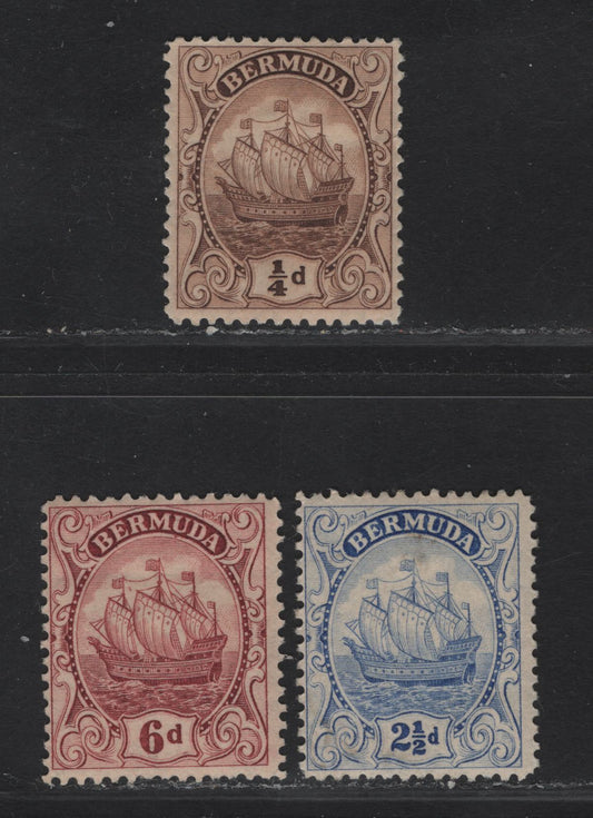 Lot 54 Bermuda SG#77, 82, 86 1/4d - 6d Brown - Claret Caravel, 1922-1934 Caravel Issue, 3 F/VFOG Singles, Script CA Wmk, Line Perf 14x13.75, 2.5d Is Type 1 With The Short, Thick 1.