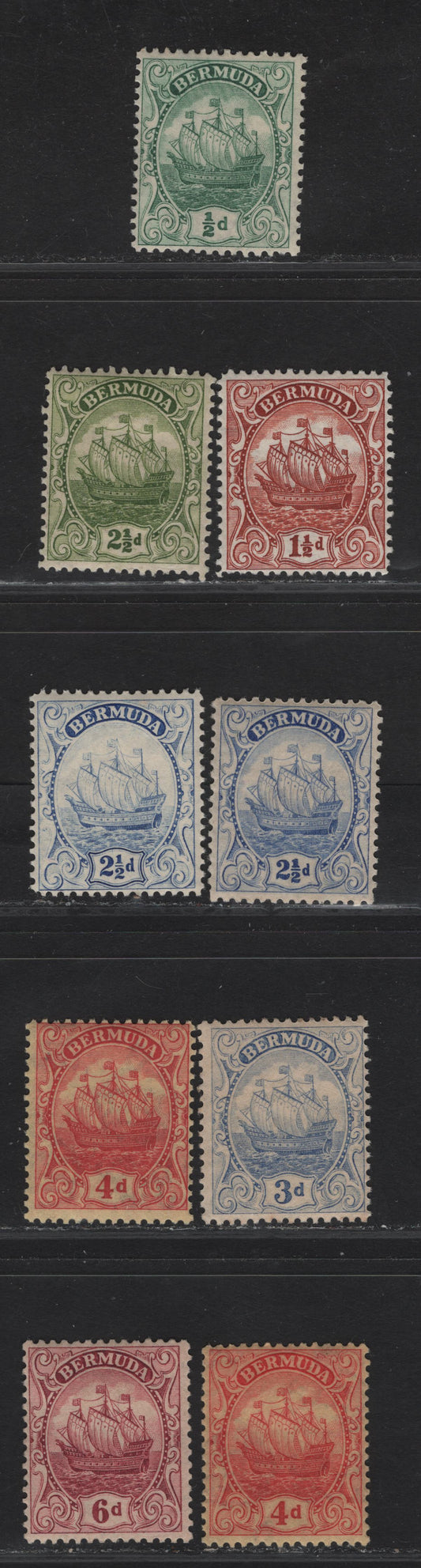 Lot 55 Bermuda SG#77a, 79b, 82, 82b, 81a, 83, 85, 86 1/2d - 6d Green - Reddish Purple Caravel, 1922-1934 Caravel Issue, 8 FNH/F/VFOG Singles, Perf 13.75x14, Includes Both Types of 2.5d, 2 Shades Of 4d