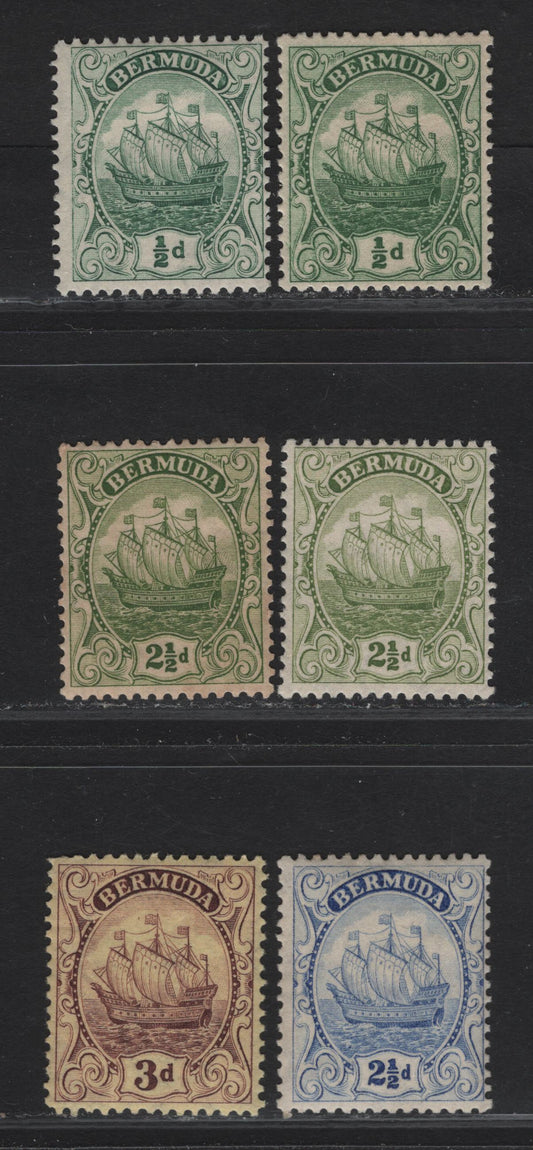 Lot 56 Bermuda SG#77a, 81, 81a, 82-83 1/2d -3d Green - Purple on Yellow Caravel, 1922-1934 Caravel Issue, 6 F/VFOG Singles, Comb Perf 13.7x13.9, The 2.5d Ultramarine Is Type 1