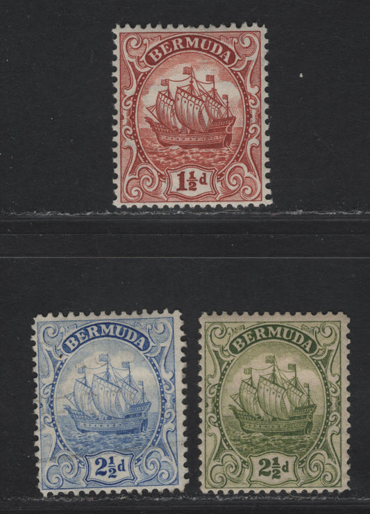 Lot 57 Bermuda SG#79b, 81a, 82b 1d - 2.5d Red Brown - Ultramarine Caravel, 1922-1934 Caravel Issue, 3 F/VFOG Singles, Script CA Wmk, Line Perf 14, 2.5d Is Type 2.