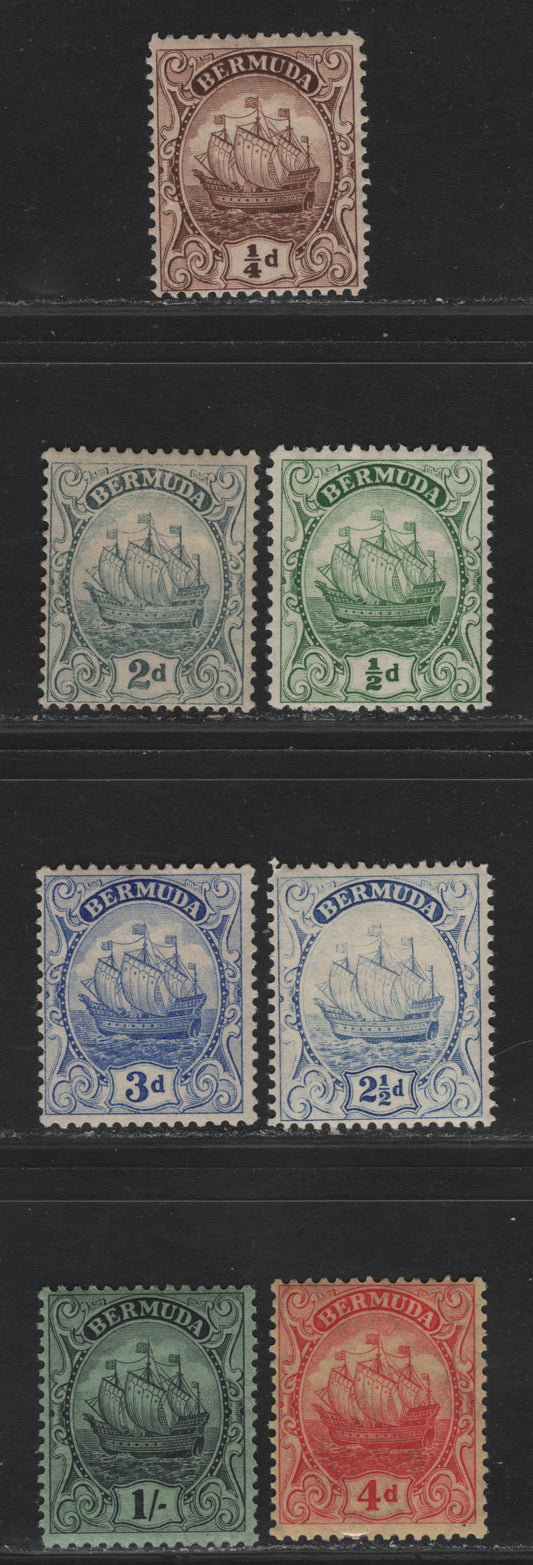 Lot 58 Bermuda SG#77-a, 80, 82b, 83, 85, 87 1/4d - 1/- Brown - Black on Emerald Caravel, 1922-1934 Caravel Issue, 7 F/VFOG Singles, Script CA Wmk, Line Perf 14, 2.5d Is Type 2.